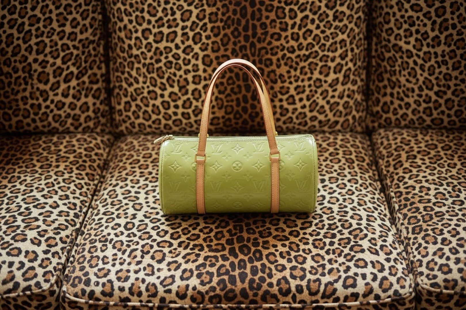 Green bag on leopard print couch